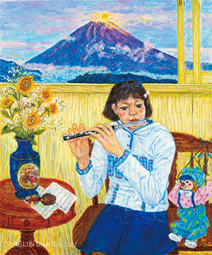 朝やけの富士とピッコロを吹く少女